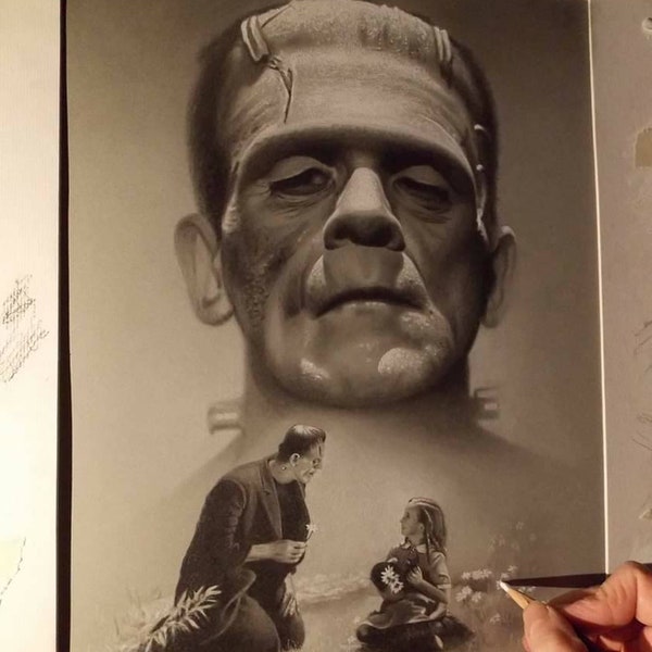 Limited print of my pastel drawing of Frankensteins monster horror