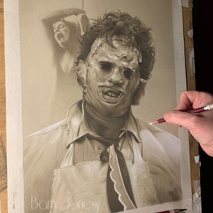 Impression limitée tirée de mon dessin original au pastel de visage en cuir du massacre à la tronçonneuse au Texas