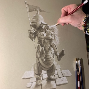 May include: A grayscale drawing of a knight in armor riding a fantastical creature. The knight is holding a flag and the creature has a long, flowing mane. The drawing is on a textured canvas.