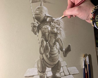 May include: A grayscale drawing of a knight in armor riding a fantastical creature. The knight is holding a flag and the creature has a long, flowing mane. The drawing is on a textured canvas.