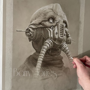 May include: A detailed pencil drawing of a futuristic helmet with a textured surface and multiple tubes. The drawing is on a brown paper background and is signed "Barry Jones".