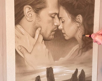 May include: A sepia toned drawing of a couple embracing, with a landscape of standing stones in the background. The artist's signature, "Barry Jones", is visible in the bottom right corner.