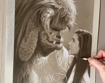 Limited print taken from my original pastel drawing of Ludo and Sarah from labyrinth