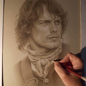 May include: A close-up of a sepia-toned drawing of a man with brown hair and a white scarf. The man is wearing a dark jacket and has a serious expression on his face. A hand is holding a pencil and a ruler, suggesting the drawing is in progress.