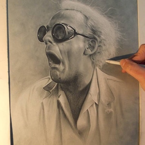 May include: A black and white drawing of a man with white hair wearing goggles and a lab coat. He is looking up and his mouth is open in a surprised expression.