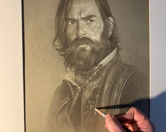 May include: A black and white pencil drawing of a man with long hair and a beard. He is wearing a leather jacket with a patch on the left side of his chest. The drawing is on a textured paper.