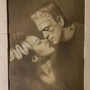 Impresión limitada tomada de mi dibujo al pastel del monstruo de Frankenstein y su novia.