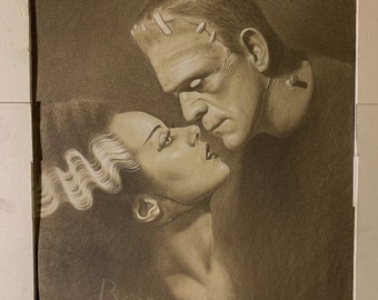 Tirage limité tiré de mon dessin au pastel du monstre et de la mariée de Frankenstein