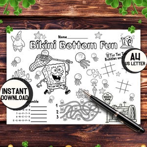 SpongeBob Activity Sheet Printable, Bikini Bottom Birthday Party Favors, Under the Sea Kids Table Placemat, Coloring Page, Instant Download