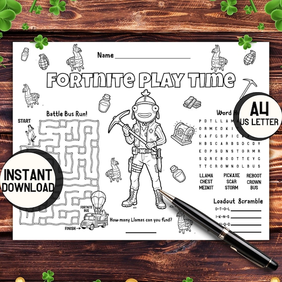 Fortnite Activity Sheet Printable, Battle Royale Birthday Party Favors, Kids Table Placemat, Instant Download A4 & US Letter