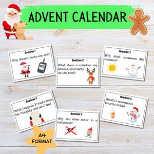 Puede incluir: Un calendario de Adviento con temática navideña con seis tarjetas ilustradas con preguntas y respuestas relacionadas con las fiestas. Las tarjetas están dispuestas sobre una superficie de madera, con un Papá Noel y un hombre de jengibre. Se muestra el texto "ADVENT CALENDAR".