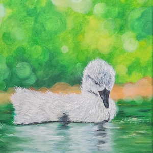 Baby Swan on the Water – Original Oil Painting on Canvas-Birds, Wall Art for Nursery or Teen Room, Gift for Mom, Gift for Dad