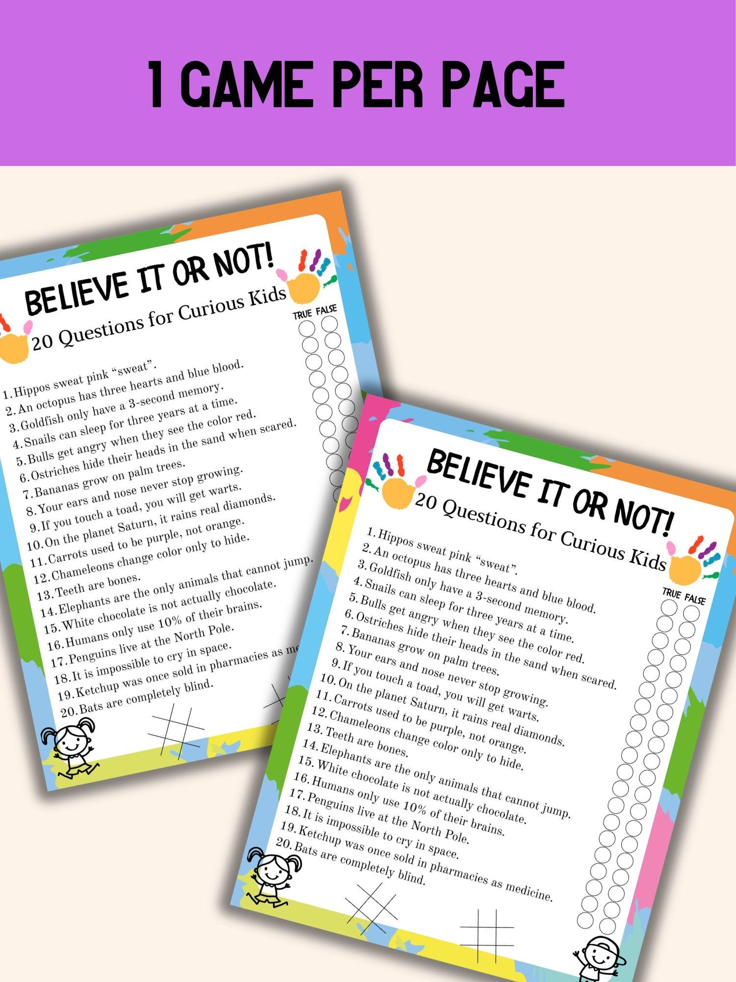 Kids Fact or Myth Game, True or False Trivia for Kids, Printable ...