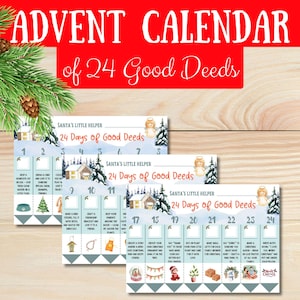 Puede incluir: Calendario de Adviento de 24 buenas acciones con el texto "Santa's Little Helper" y "24 Days of Good Deeds". El calendario tiene casillas numeradas con actos de bondad sugeridos. Diseño festivo con ilustraciones de árboles de Navidad y ángeles.
