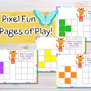 Puede incluir: Páginas de actividades de pixel art coloridas con un personaje de jirafa sosteniendo un lápiz. Las páginas presentan una cuadrícula para dibujar y el texto "Pixel Fun 20 Pages of Play!" y "Now it's your turn - draw it like I did!"