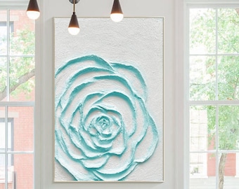 Turquoise Abstract Flower Wall Art Textured 3D canvas art modern Rose Floral  living room decor