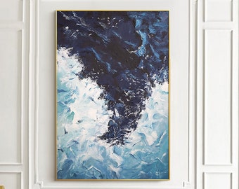 Abstract Framed Sea Painting Abstract navy blue seascape Hand Painting Acrylic ocean Paintings on Canvas wall art painting