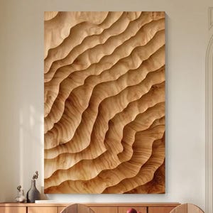 Decorazione da parete in legno ondulato parametrico, intaglio in legno, dipinto astratto in legno marrone, decorazione rustica in stile boho per soggiorno.