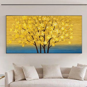 Schilderij gouden bloemboom: abstracte bloemen canvas muurkunst