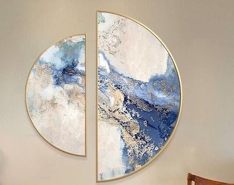 Set of 2  Round Abstract Wall Art,Watercolor Canvas Painting,Extra large framed Wall Decor, Circle painting Contemporary living room decor
