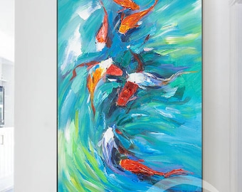 Original Colorful Koi Fish Painting  blue wall art Feng shui fish abstract Wall Art Acrylic Painting on Canvas Large  textured Wall Art