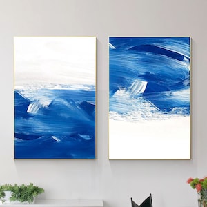 set Of 2 abstract Blue wall art textured painting wall art blue white Painting On Canvas Large Wall Art Minimalist Modern art home decor