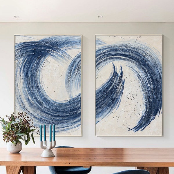 Navy Blue wall art set Of 2  textured painting wall art abstract blue  Painting On Canvas Large Wall Art Minimalist Modern art home decor