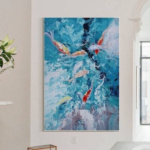 Blue Koi Fish abstract wall art Acrylic on canvas Painting Feng Shui Carp Pond Oil Painting large living room decor contemporary art decor