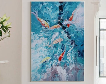 Blue Koi Fish abstract wall art Acrylic on canvas Painting Feng Shui Carp Pond Oil Painting large living room decor contemporary art decor