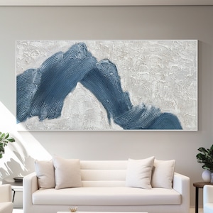 Marineblauwe abstracte bergkunst aan de muur – enorm horizontaal getextureerd landschapscanvasschilderij, ingelijste originele muurkunst voor huisdecoratie