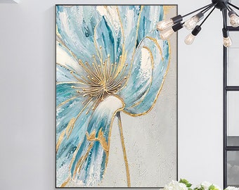 Abstract Blue Gold Flower wall art Floral art Paintings Large Blossoming Floral Textured wall art Extra Large wall art entrance  home decor