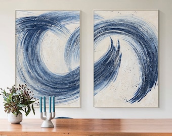 Navy Blue Abstract 3D Textured Minimalist Painting Blue Enso Circle Canvas Set Of 2 Extra Large Wall Art Contemporary living room decor