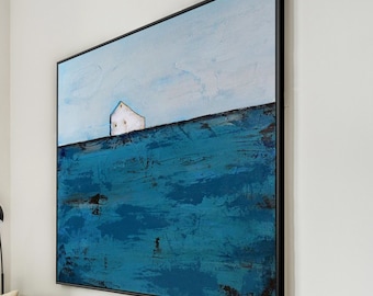 Blue wall art Abstract Painting,Textured Painting,Large Sky Ocean Painting,Large Blue Ocean Canvas Painting,landscape Art Living Room decor
