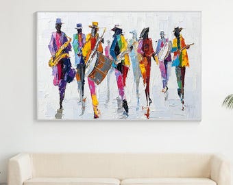 Groot abstract jazzband olieverfschilderij op canvas muurkunst, originele kleurrijke jazzmuziek kunst orkest schilderij mode decor woonkamer decor
