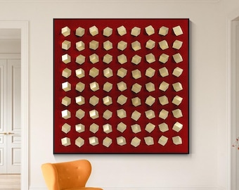 Red and Gold Wood Cube Wall Art: 3D Geometric Painting mosic wall art for bedroom living room decor