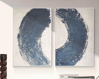 2er-Set Navy Blau Struktur Wandkunst – Minimalistische XXL Abstrakte Spachtelmalerei für Büro oder Wohnzimmer Deko
