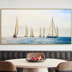 Arte de pared de velero abstracto acrílico sobre lienzo Pintura Arte moderno Pintura al óleo Sala de estar Barco de océano azul Arte de pared Arte de pared abstracto
