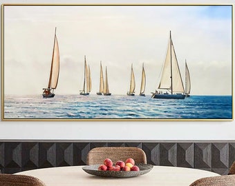 Abstract Sailboat wall art acrylic on canvas  Painting Modern Art Oil Painting Living Room blue ocean boat Wall Art Abstract Wall Art