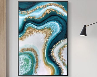 Resin Wall art Framed Wall Art Abstract Gold  Green Ocean painting epoxy Geode Crystal Painting 3D Large acrylic pour painting fluid Art
