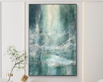 Teal beige wall art Abstract Painting Extra Large gray Canvas Painting Contemporary Art Large Modern living room decor