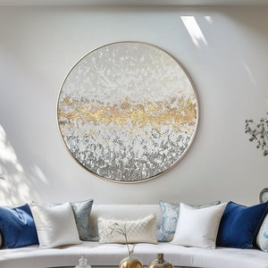 Round wall art Abstract Gold Silver Gray Painting Framed wall art Textured acrylic painting white painting luxury wall art painting