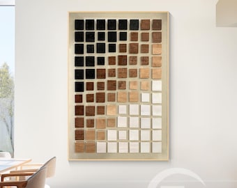Arte de Pared Geométrico de Cubos de Madera Marrón y Blanco, Obra Original con Bloques de Madera en Tonos Tierra, Decoración Wabi Sabi