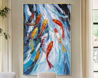Koi Fish Textured painting Large Colorful Canvas Wall Art Feng shui home decor