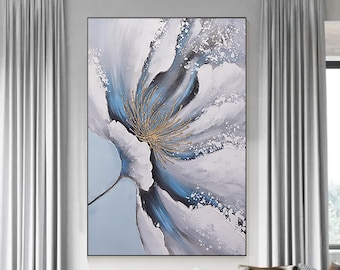 Blue gray Abstract flower wall art floral acrylic paintings on canvas blue and gold textured flower wall art large flower living room decor