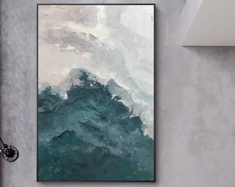 Abstract Teal Landscape Painting On Canvas Gray Acrylic Textured Painting Large Framed Wall Art Modern Minimalist Wall Art Living Room Decor