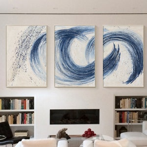 Navy Blue Abstract Wall art Original Textured Canvas Painting Set of 3 Extra Large Minimalist Wall Art Circle wall art Boho Wall Art