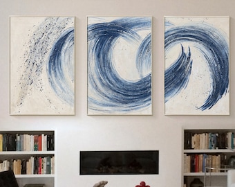 Navy Blue Abstract Wall art Original Textured Canvas Painting Set of 3 Extra Large Minimalist Wall Art Circle wall art Boho Wall Art
