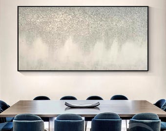 Arte da parete argento e grigio, dipinto con glitter, quadro astratto di montagne argentate con cornice, pittura materica dell’oceano