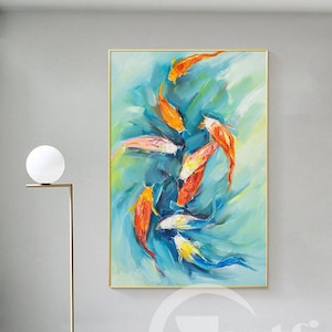 Blue Koi Fish Abstract textured Wall Art  original wall art Feng shui fish abstract Wall Art Acrylic Painting on Canvas living room decor