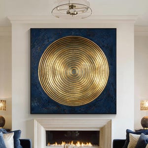 Arte Abstracto Azul Marino y Dorado para Pared Pintura Texturizada sobre Lienzo Obra Original Redonda Gran Círculo Enso Decoración